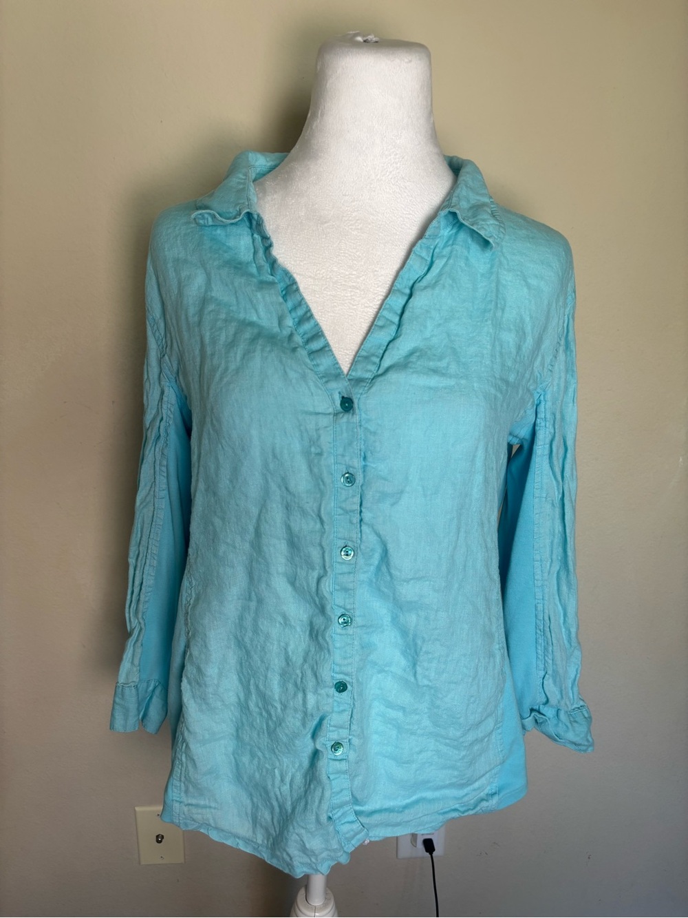 Eileen Fisher Blue Organic Linen Cotton Collared Button Up Top Women M
